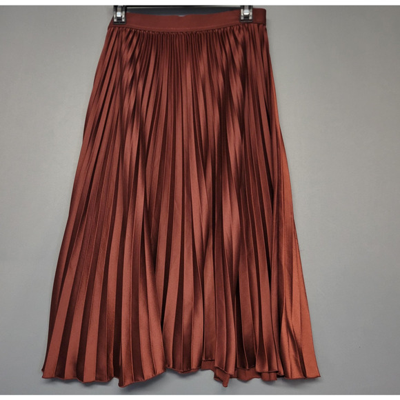 H&M Skirt Womens 12 Rust Brown Pleated Satin Midi Elastic Waist Accordion Flowy - Picture 7 of 10